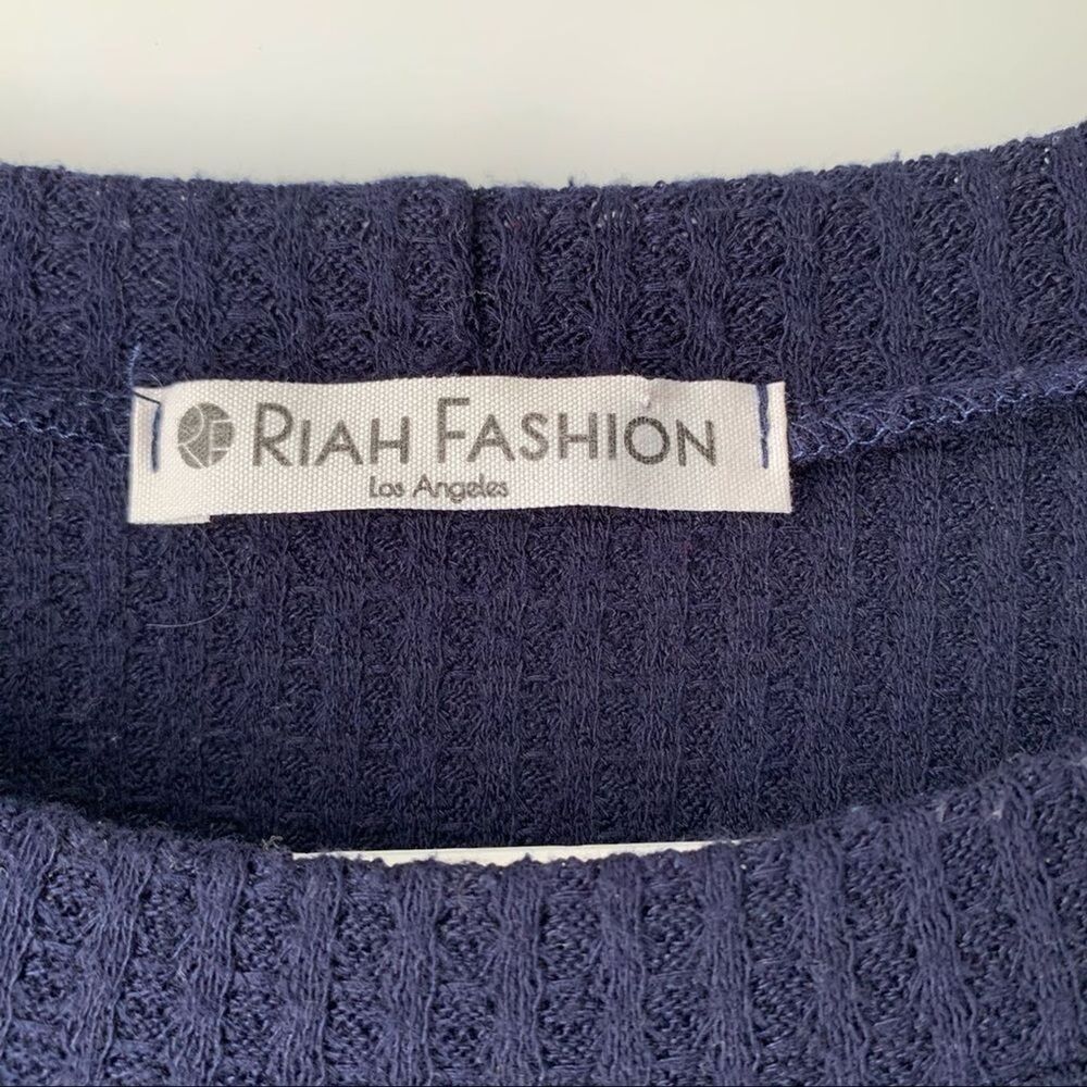 Riah Fashion Navy Blue Waffle Knit Long Sleeve Top - Picture 3 of 4